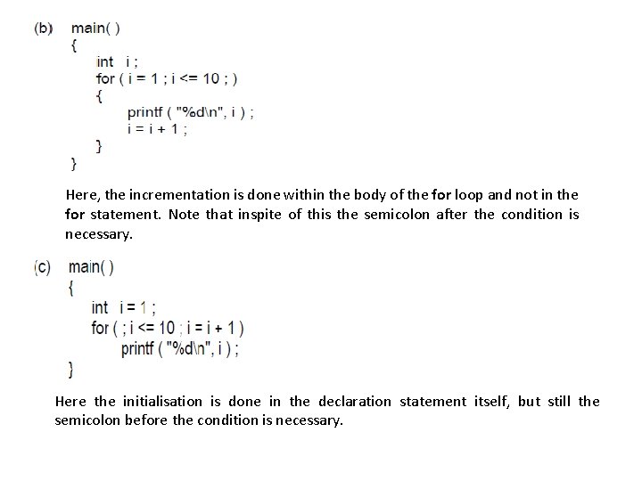 Here, the incrementation is done within the body of the for loop and not