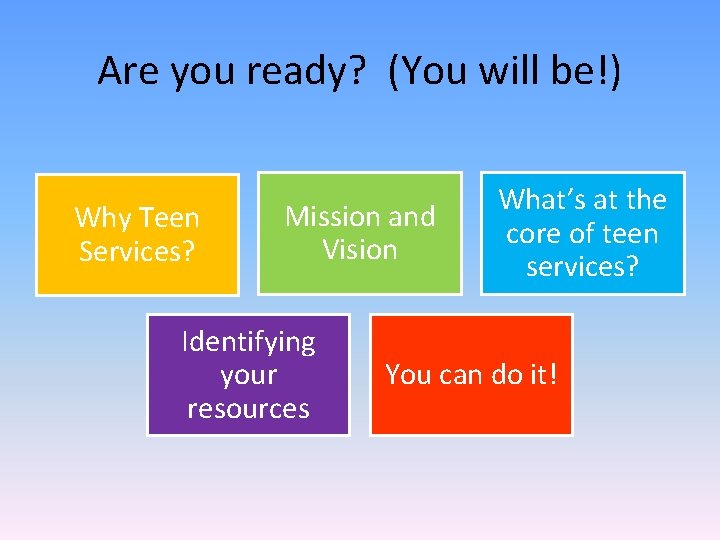 Are you ready? (You will be!) Why Teen Services? Mission and Vision Identifying your