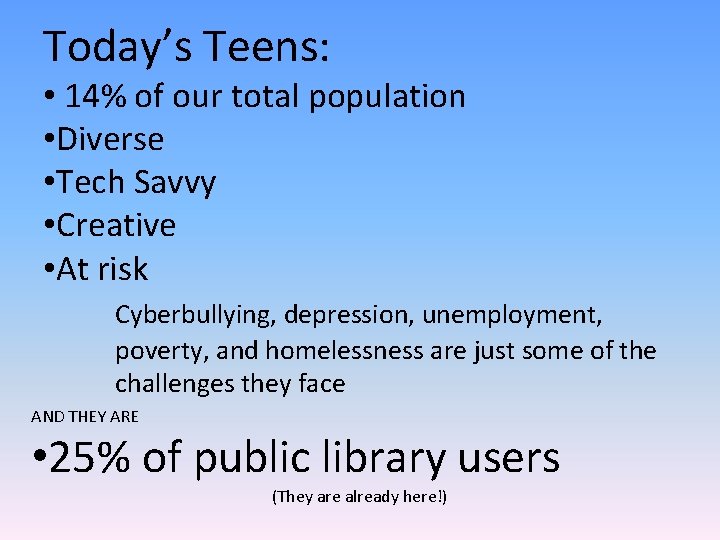Today’s Teens: • 14% of our total population • Diverse • Tech Savvy •