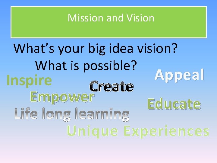 Mission and Vision What’s your big idea vision? What is possible? Appeal Inspire Create