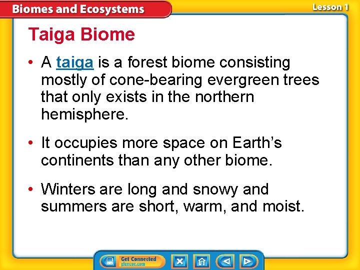 Taiga Biome • A taiga is a forest biome consisting mostly of cone-bearing evergreen