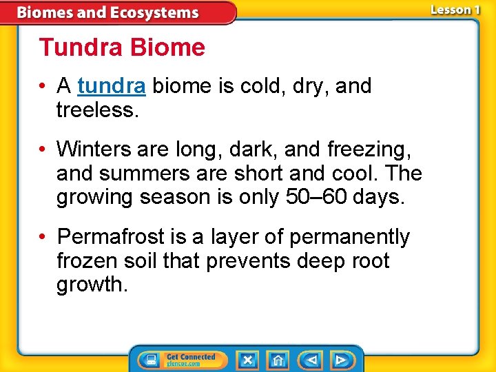 Tundra Biome • A tundra biome is cold, dry, and treeless. • Winters are