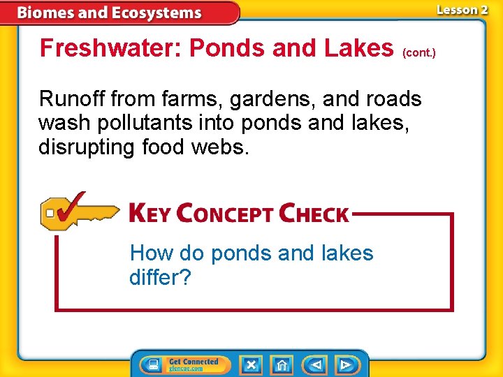 Freshwater: Ponds and Lakes (cont. ) Runoff from farms, gardens, and roads wash pollutants