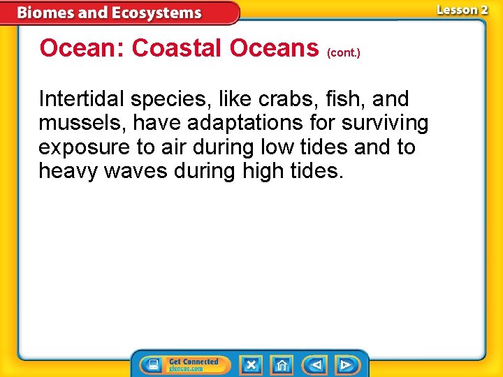 Ocean: Coastal Oceans (cont. ) Intertidal species, like crabs, fish, and mussels, have adaptations