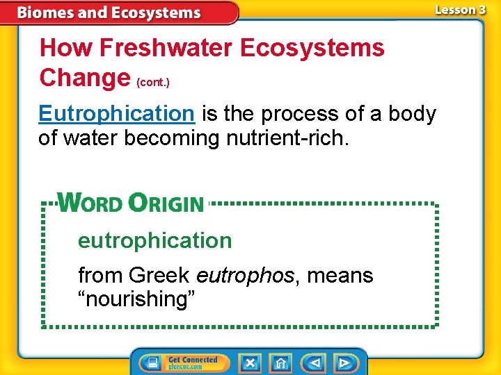 How Freshwater Ecosystems Change (cont. ) Eutrophication is the process of a body of