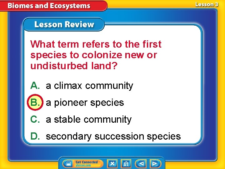 What term refers to the first species to colonize new or undisturbed land? A.