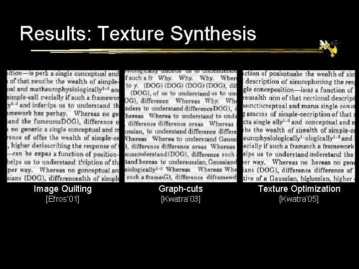Results: Texture Synthesis Image Quilting Graph-cuts Texture Optimization [Efros’ 01] [Kwatra’ 03] [Kwatra’ 05]