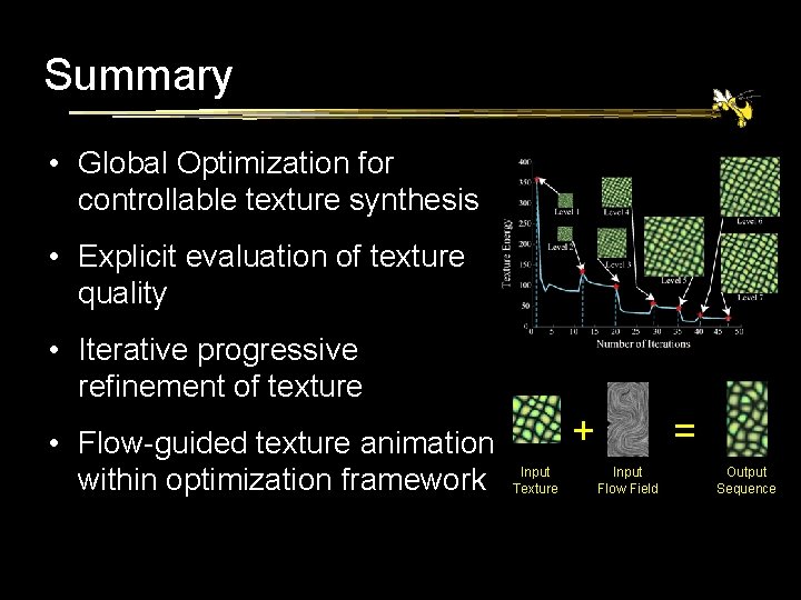 Summary • Global Optimization for controllable texture synthesis • Explicit evaluation of texture quality