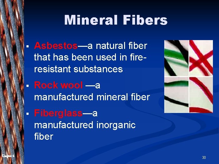 Mineral Fibers Chapter 6 § Asbestos—a natural fiber that has been used in fireresistant Mineral Fibers Chapter 6 § Asbestos—a natural fiber that has been used in fireresistant