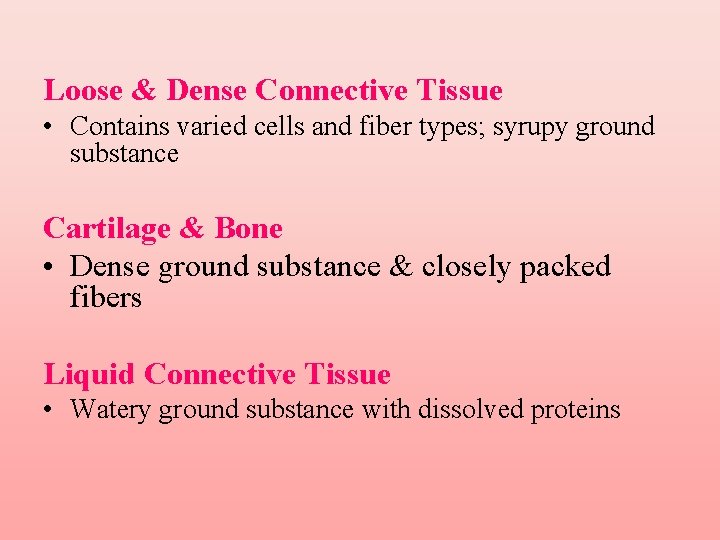 Loose & Dense Connective Tissue • Contains varied cells and fiber types; syrupy ground