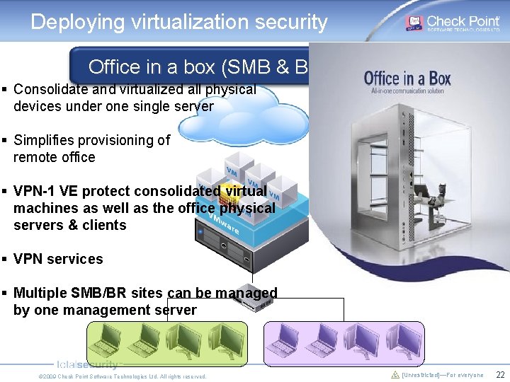 Deploying virtualization security Office in a box (SMB & Branch offices) § Consolidate and