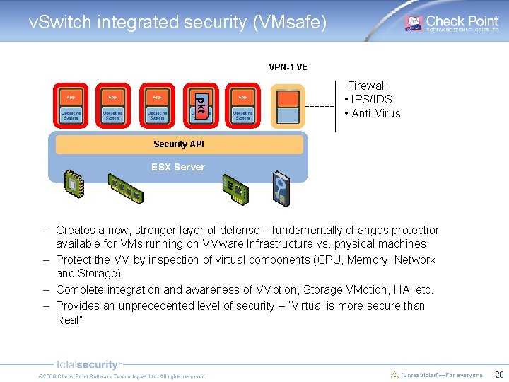 v. Switch integrated security (VMsafe) VPN-1 VE pkt Firewall • IPS/IDS • Anti-Virus Security