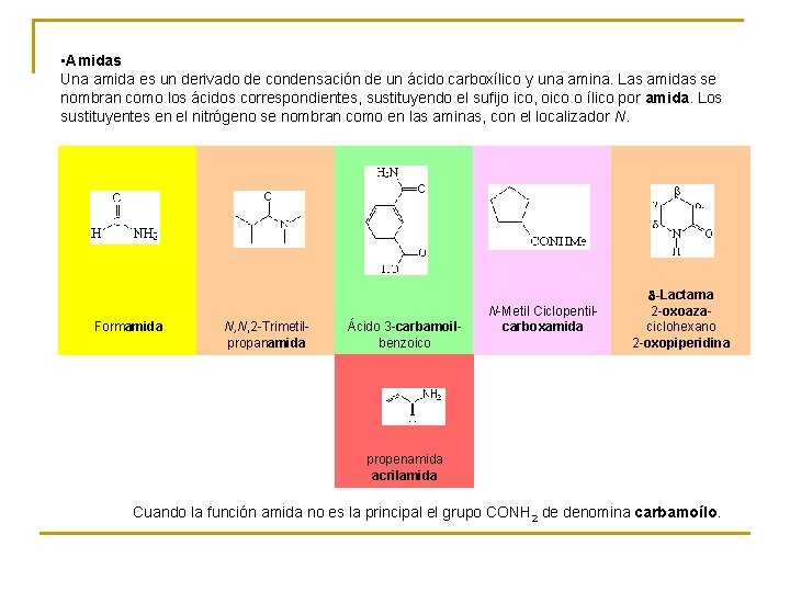  • Amidas Una amida es un derivado de condensación de un ácido carboxílico