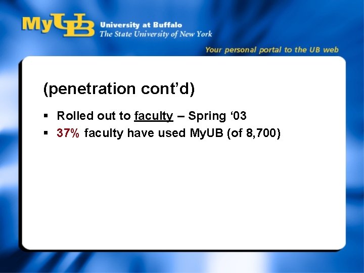 (penetration cont’d) § Rolled out to faculty -- Spring ‘ 03 § 37% faculty