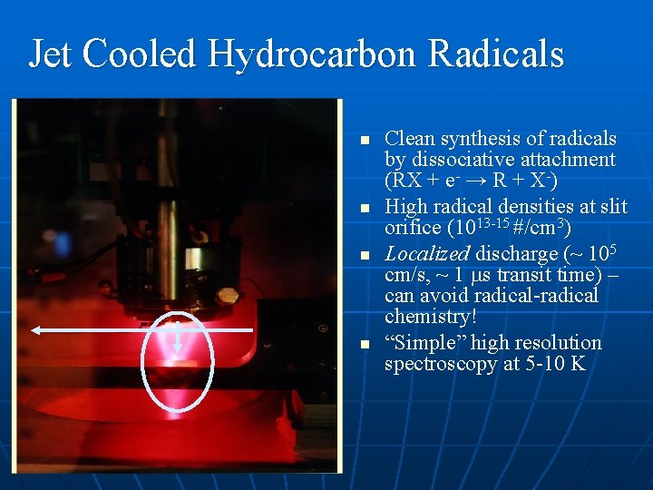 Jet Cooled Hydrocarbon Radicals n n localized discharge Clean synthesis of radicals by dissociative