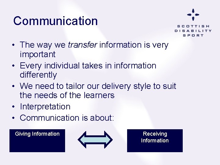 Communication • The way we transfer information is very important • Every individual takes