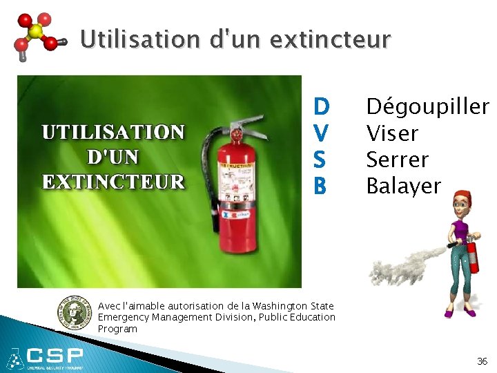 Utilisation d'un extincteur D V S B Dégoupiller Viser Serrer Balayer Avec l'aimable autorisation