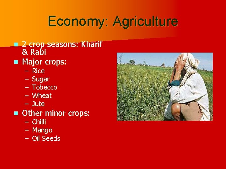 Economy: Agriculture 2 crop seasons: Kharif & Rabi n Major crops: n n –