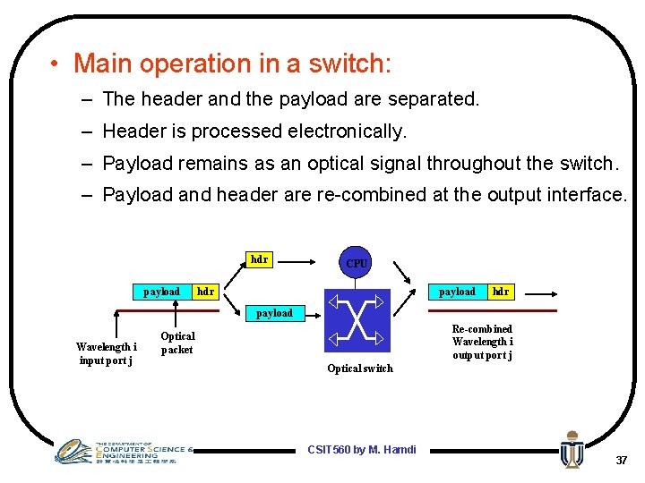  • Main operation in a switch: – The header and the payload are