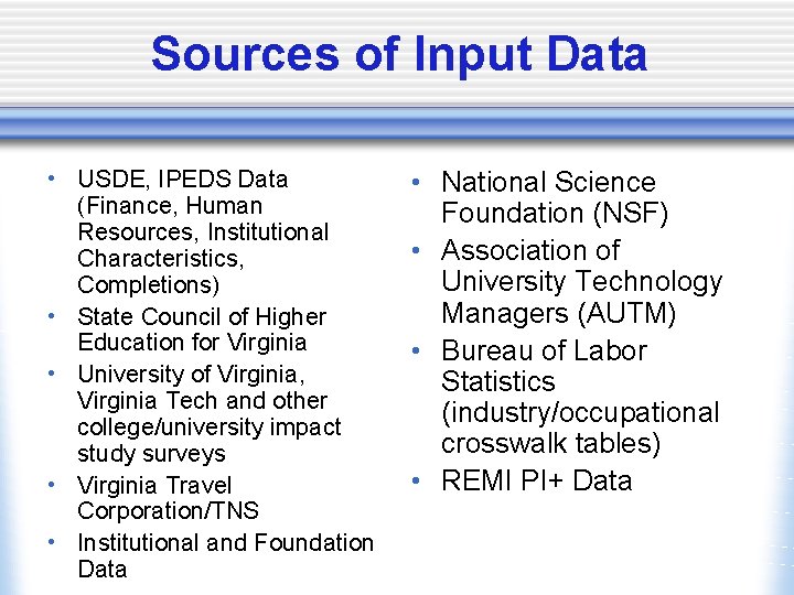 Sources of Input Data • USDE, IPEDS Data (Finance, Human Resources, Institutional Characteristics, Completions)