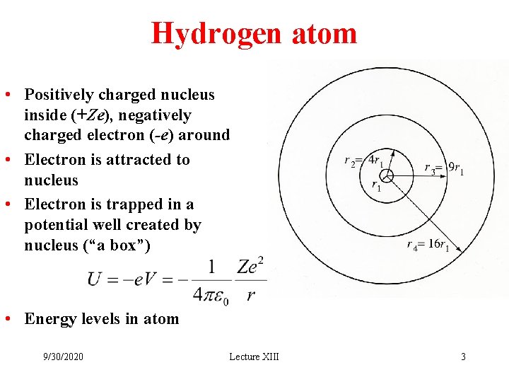Hydrogen atom • Positively charged nucleus inside (+Ze), negatively charged electron (-e) around •