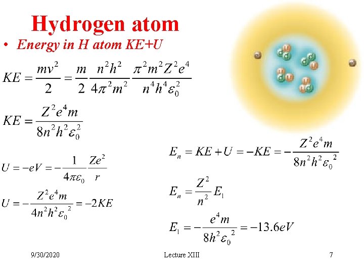 Hydrogen atom • Energy in H atom KE+U 9/30/2020 Lecture XIII 7 