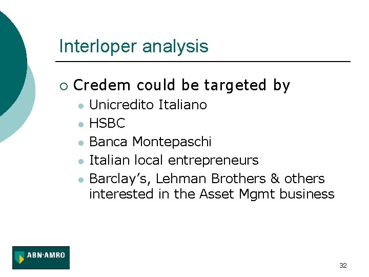 Interloper analysis ¡ Credem could be targeted by l l l Unicredito Italiano HSBC