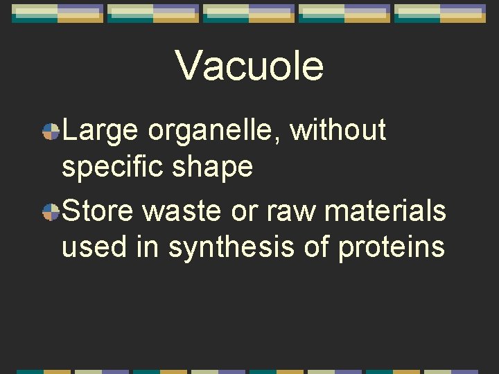 Vacuole Large organelle, without specific shape Store waste or raw materials used in synthesis