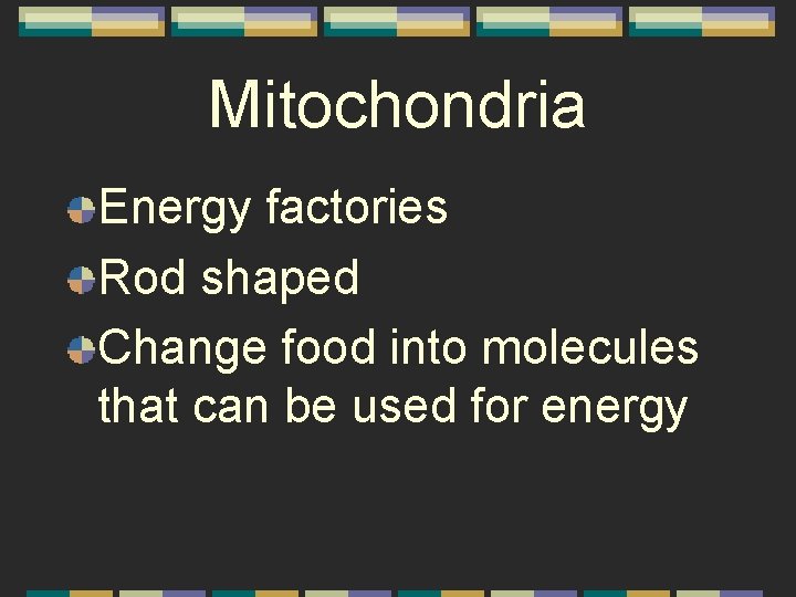 Mitochondria Energy factories Rod shaped Change food into molecules that can be used for