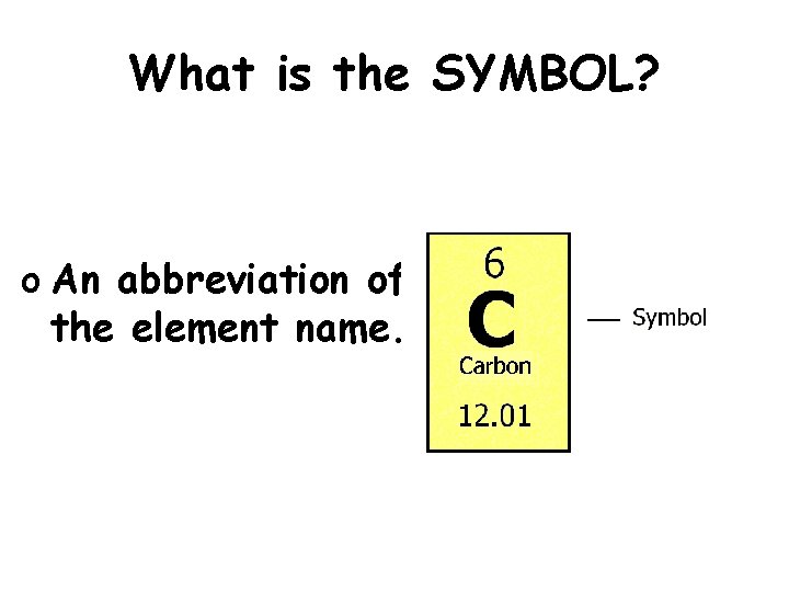 What is the SYMBOL? o An abbreviation of the element name. 