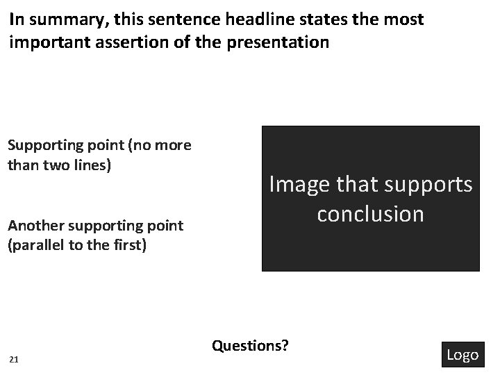 In summary, this sentence headline states the most important assertion of the presentation Supporting