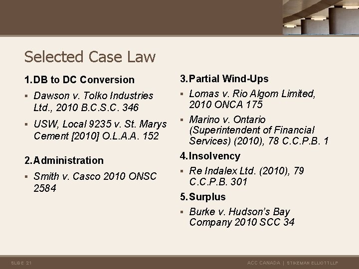 Selected Case Law 1. DB to DC Conversion 3. Partial Wind-Ups § Dawson v.