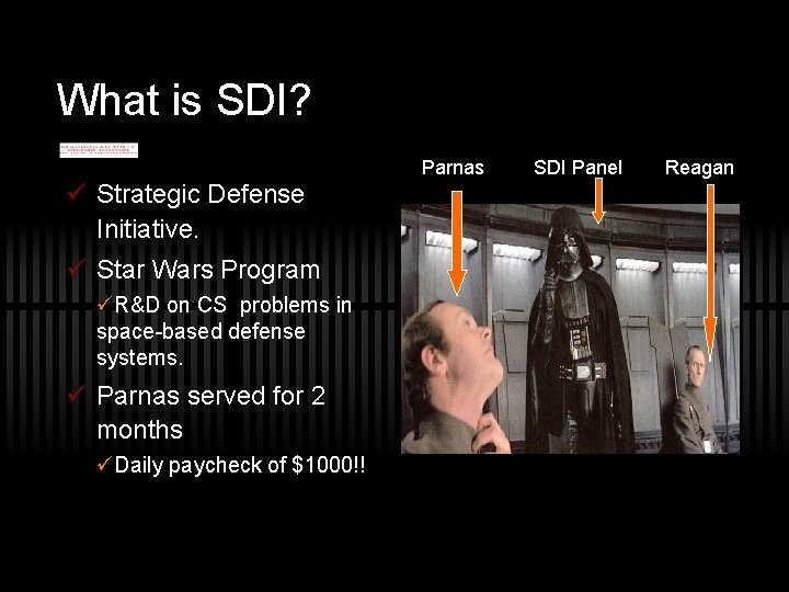 What is SDI? Parnas ü Strategic Defense Initiative. ü Star Wars Program üR&D on