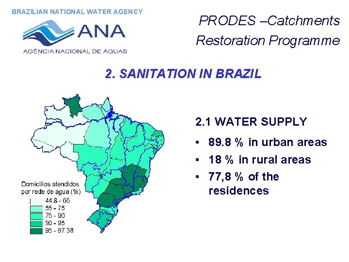 BRAZILIAN NATIONAL WATER AGENCY PRODES –Catchments Restoration Programme 2. SANITATION IN BRAZIL 2. 1