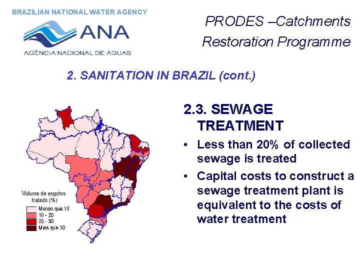 BRAZILIAN NATIONAL WATER AGENCY PRODES –Catchments Restoration Programme 2. SANITATION IN BRAZIL (cont. )