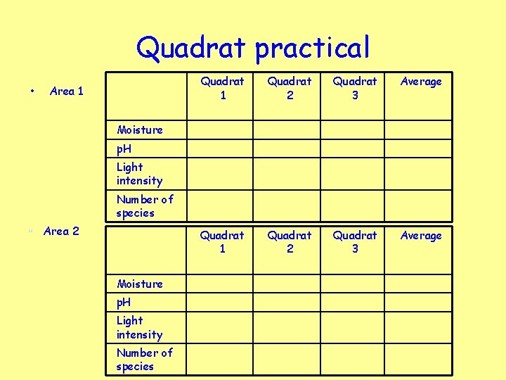Quadrat practical • Area 1 Quadrat 2 Quadrat 3 Average Quadrat 1 Quadrat 2