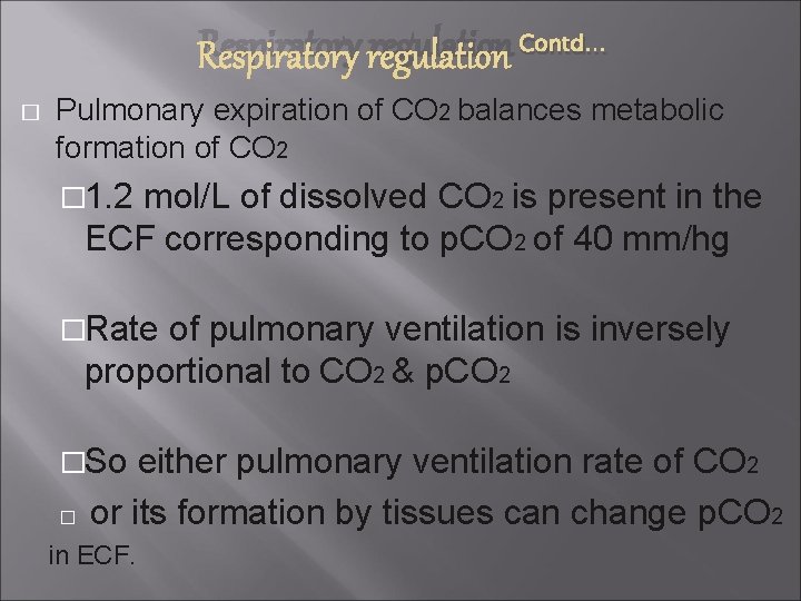 Respiratory regulation Contd… � Pulmonary expiration of CO 2 balances metabolic formation of CO