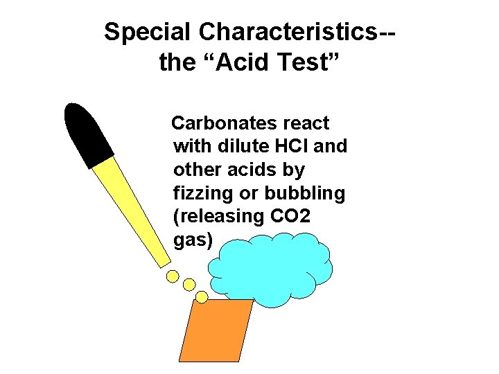 Special Characteristics-the “Acid Test” Carbonates react with dilute HCl and other acids by fizzing