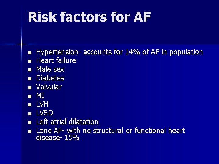 Risk factors for AF n n n n n Hypertension- accounts for 14% of