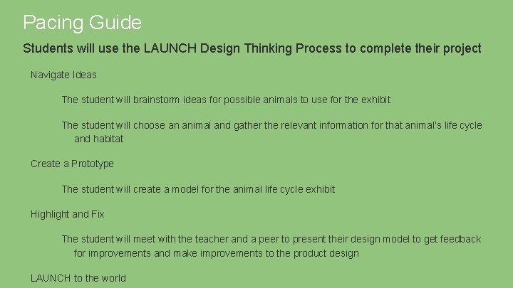 Pacing Guide Students will use the LAUNCH Design Thinking Process to complete their project