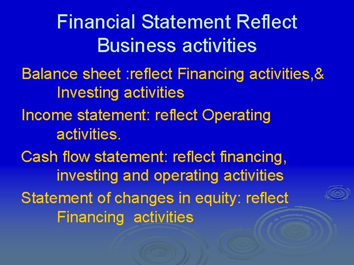 Financial Statement Reflect Business activities Balance sheet : reflect Financing activities, & Investing activities