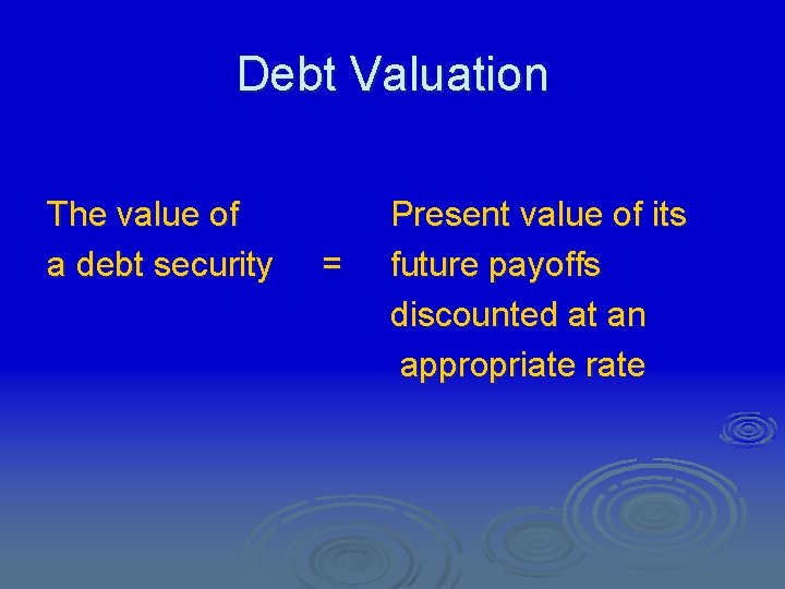 Debt Valuation The value of a debt security = Present value of its future