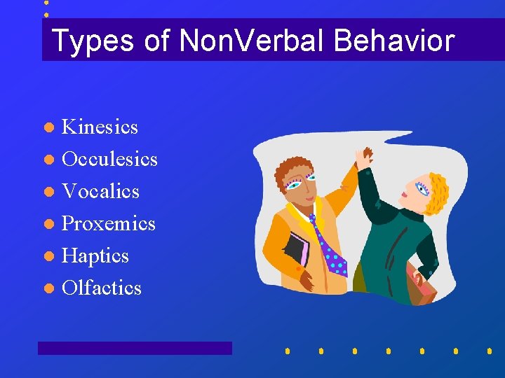 Types of Non. Verbal Behavior Kinesics l Occulesics l Vocalics l Proxemics l Haptics