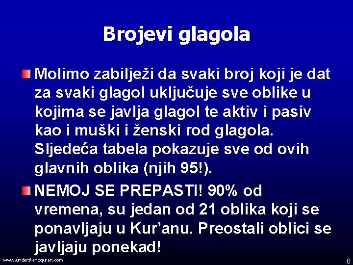 Brojevi glagola Molimo zabilježi da svaki broj koji je dat za svaki glagol uključuje