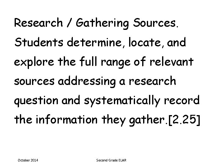 Research / Gathering Sources. Students determine, locate, and explore the full range of relevant