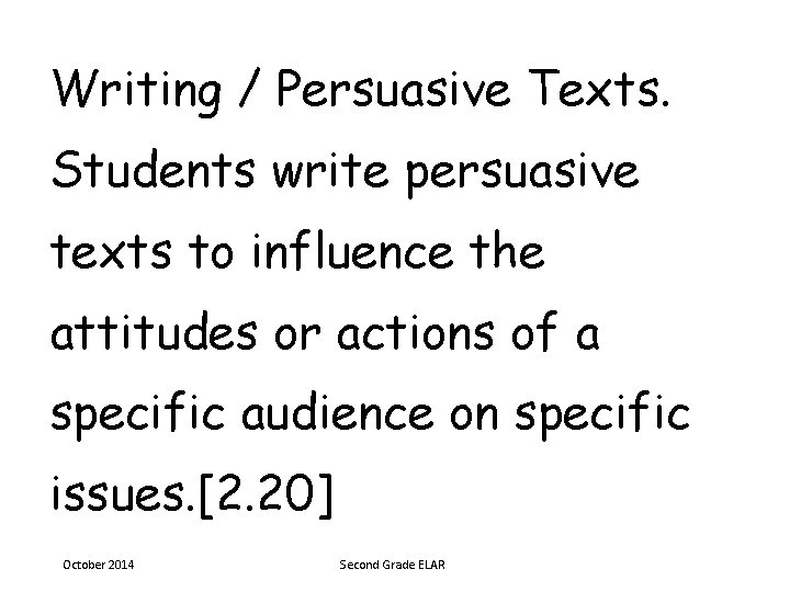 Writing / Persuasive Texts. Students write persuasive texts to influence the attitudes or actions