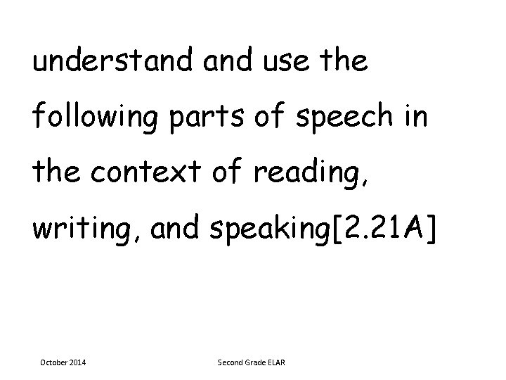 understand use the following parts of speech in the context of reading, writing, and