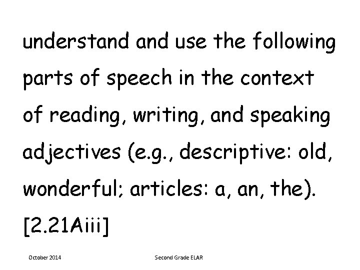 understand use the following parts of speech in the context of reading, writing, and