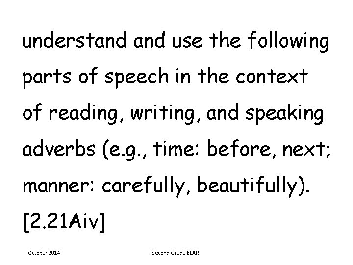 understand use the following parts of speech in the context of reading, writing, and