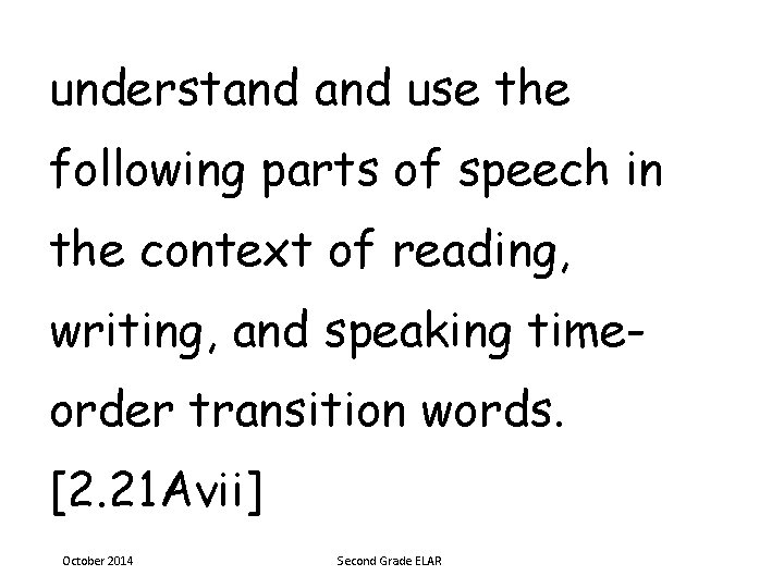 understand use the following parts of speech in the context of reading, writing, and